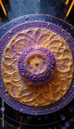 Beautifully crafted dessert featuring intricate patterns and vibrant colors. dessert is adorned with purple and gold elements, creating visually stunning centerpiece. design showcases blend