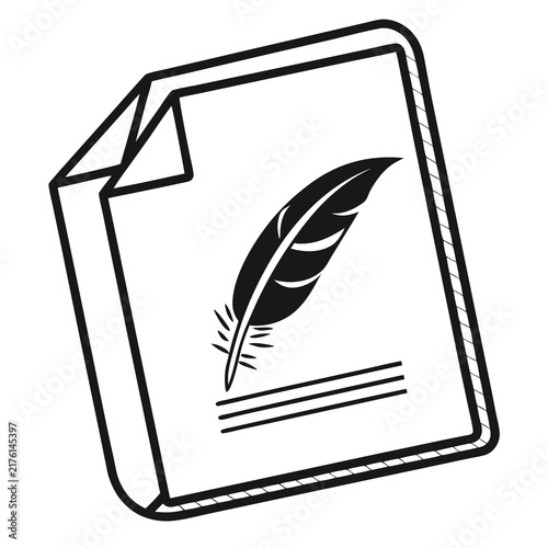 A simple black and white icon of a paper document with minimalist vector icon displays single sheet paper folded corner quill pen illustration