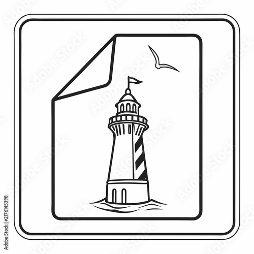 A simple black and white line art icon showing a lighthouse illustration on a document page with lighthouse drawing square minimalist graphic icon