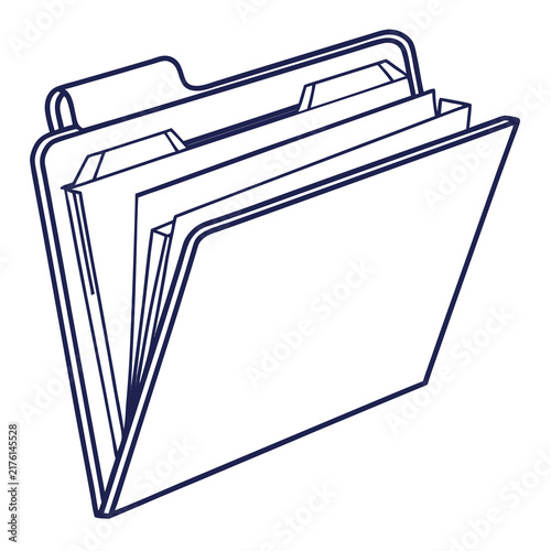 A single open document folder with paper inserts isolated on a clean white background with stylized line art illustration open office folder