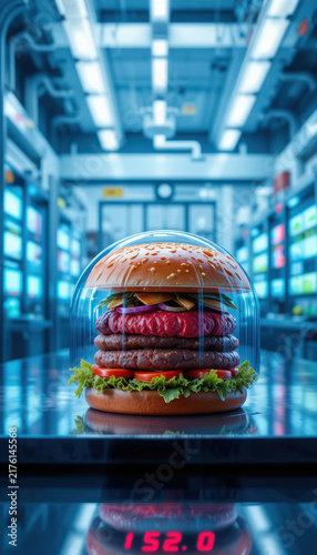 Delicious burger sits under glass dome, showcasing layers of fresh ingredients including lettuce, tomatoes, and patties. vibrant colors and modern setting create appetizing atmosphere