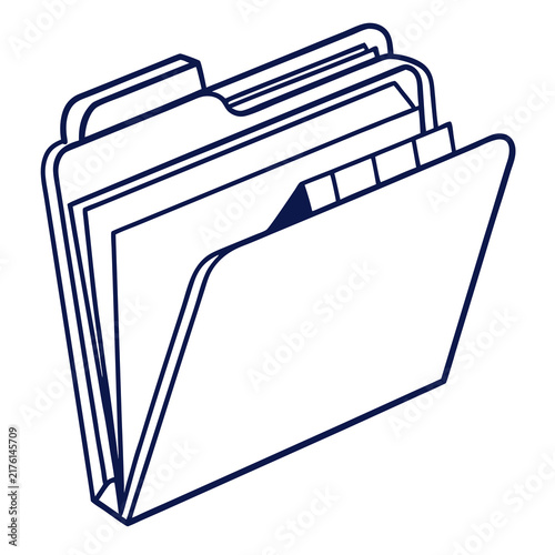 A simple dark blue outline illustration of a document folder with minimalist graphic standing folder papers inside shown simple clean line art style