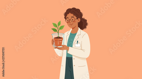 Female Scientist Holding Plant in Beaker Vector Illustration