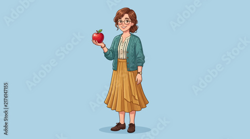 Woman Holding Apple Cartoon Illustration