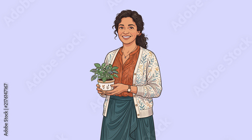Woman Holding Potted Plant Vector Illustration