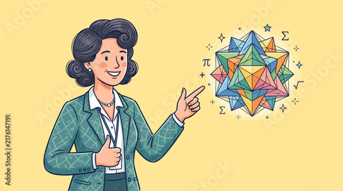 Teacher Pointing at Geometric Polyhedron Illustration