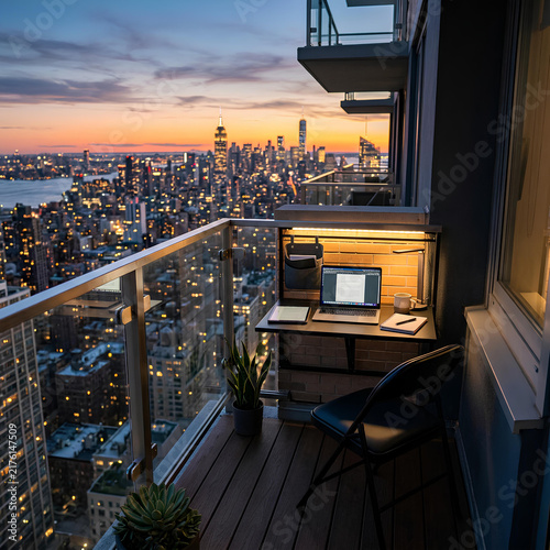 Balcony Workspace with Cityscape View at Sunset