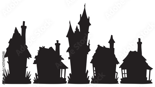 Black and white silhouette of fantasy houses and castle
