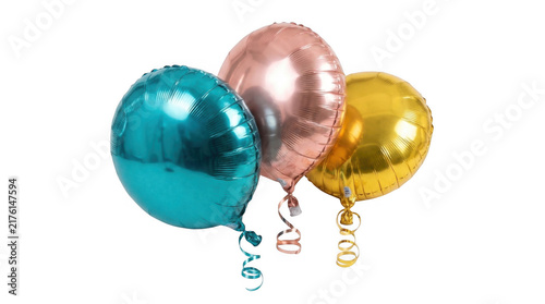Three shiny round foil balloons in teal rose gold and yellow colors for a birthday party or celebration event isolated on transparent background