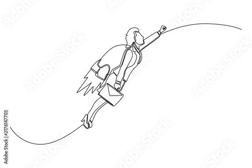 Photography A single line drawing of a human woman beauty businesswoman flying skyward with a rocket jetpack and briefcase, symbolizing rapid startup boost, career advancement, high ambition, and fast growth