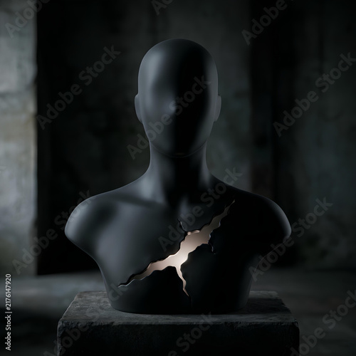 Black Bust with Glowing Crack in Chest Symbolizing Inner Light Trauma or Revelation