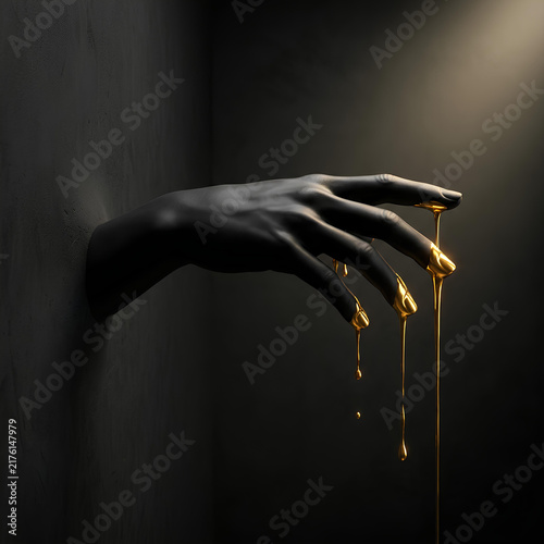 Black Hand Dripping Gold Liquid from Fingertips in Dark Corner