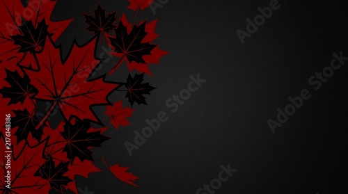 Red and black maple leaf graphic on dark textured background. Elegant autumnal gothic aesthetic for seasonal designs and moody fall foliage backdrops.