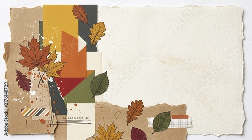 Autumn creative collage background with torn paper, maple leaves, and earthy textures. Artistic seasonal design for scrapbooking, fall crafts, and organic graphic templates.