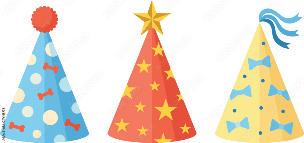 Obraz premium Colorful Birthday Party Hat Vector Collection Featuring Stars Bow Ties and Dog Bone Patterns for Festive Greeting Cards and Invitations