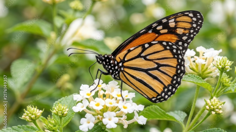 Fototapeta premium Beautiful orange butterfly perched gracefully upon delicate white flower blossoms surrounded by lush green foliage in natural daylight environment