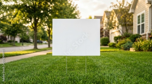 Blank real estate lawn sign mock up on green grass front yard residential suburban neighborhood street property for sale rent announcement banner