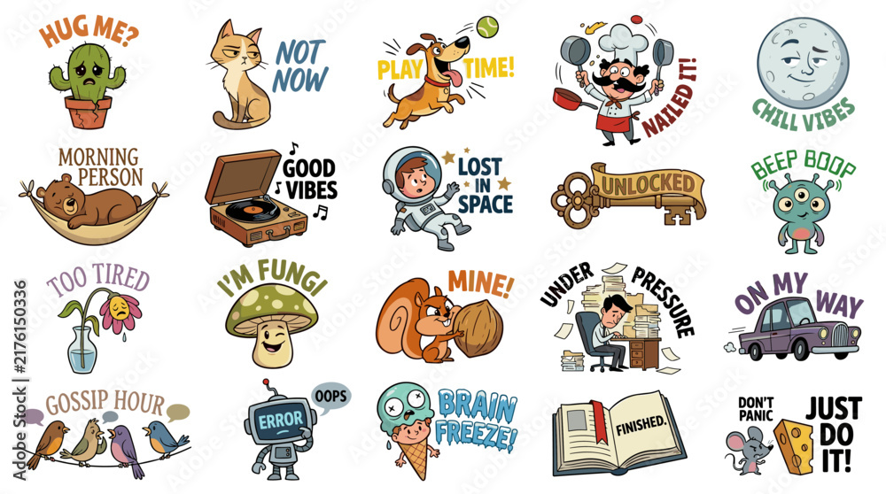 Fototapeta premium Diverse collection of colorful cartoon stickers featuring funny characters and motivational phrases.