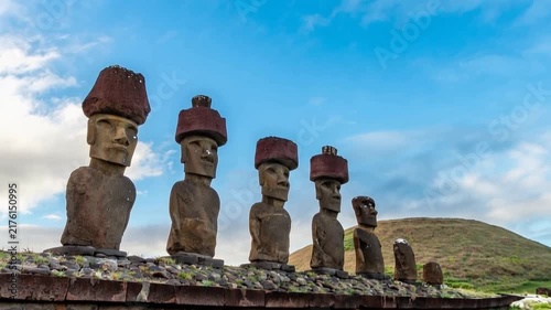 Moai Statues at Ahu Nau Nau on Sandy Anakena Beach with Grassy Hill on Easter Island, Valparaiso, Chile. Time Lapse Video
