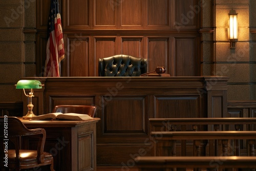 Ornate courtroom interior with judge's bench, gavel, and flag