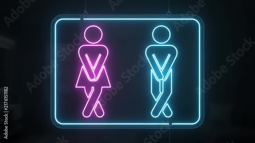 Glowing neon restroom sign with funny male and female figures, pink and blue neon toilet symbols needing to pee, humorous washroom indicator
