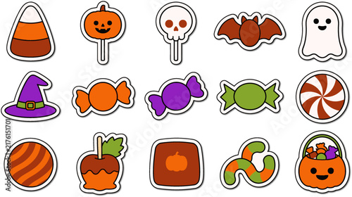 Set of cute halloween stickers featuring candy pumpkins ghosts bats witch hats and spooky treats for seasonal decoration