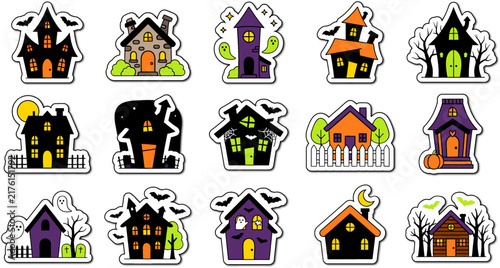 Set of various spooky haunted house stickers for halloween celebration decorations and festive graphic design projects