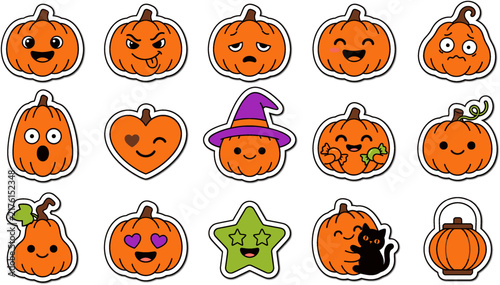 Collection of adorable cartoon pumpkins with various expressions for halloween designs