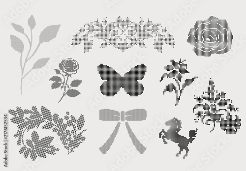 Pixel Art Floral Icon Set, Cross Stitch Style Decorative Graphic Elements, Monochromatic Flower Rose Butterfly and Horse Halftone Clip Art, Retro Crafts and Embroidery Pattern Design