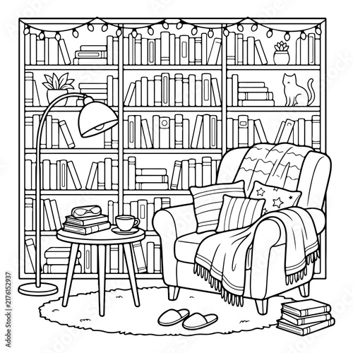 Cozy Reading Nook Coloring Page vector illustration