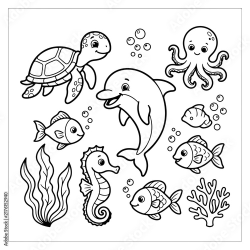 Cute ocean animals coloring page vector illustration