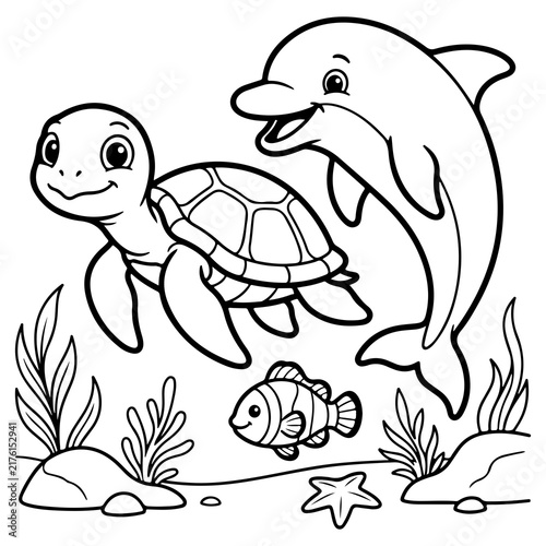Cute ocean animals coloring page vector illustration