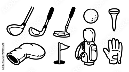 Golf equipment hand drawn doodle set featuring clubs ball and bag as a clean black and white vector graphic illustration