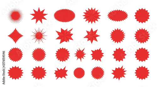 Set of red starburst and sunburst shapes isolated on transparent background