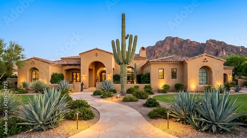 Luxury house with cactus and agave plants in the desert landscape under a clear blue sky in arizona. arizona yard