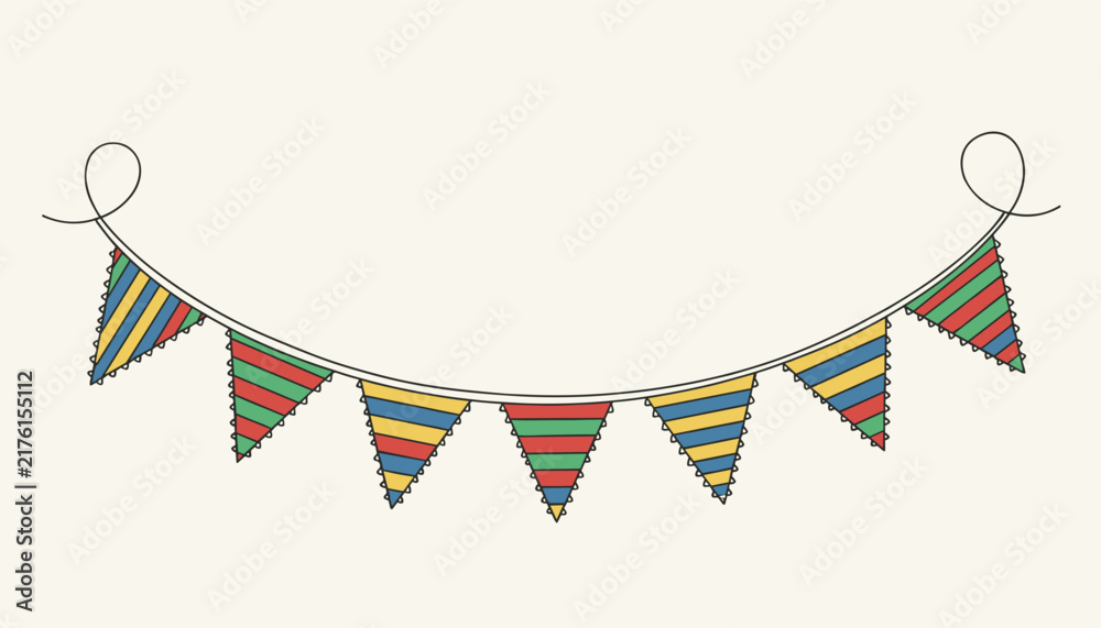 Obraz premium Colorful triangular bunting holiday banner with striped pattern hanging gracefully on a clean off-white background.