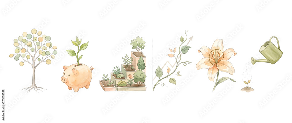 Fototapeta premium Financial growth icons watercolor set representing money tree piggy bank investment plant stairs business chart flower and watering can isolated on white background for banking business concept