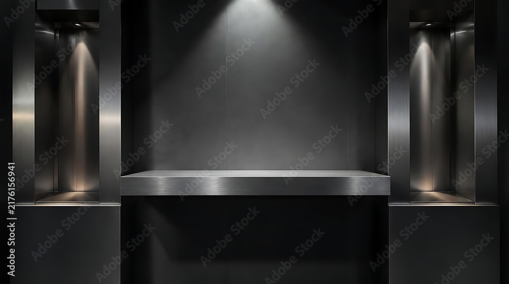 Fototapeta premium Modern empty display shelf with spotlights in a dark room.