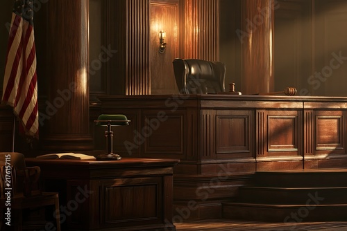 Dimly lit courtroom with judge's bench, flag, witness stand, and law books
