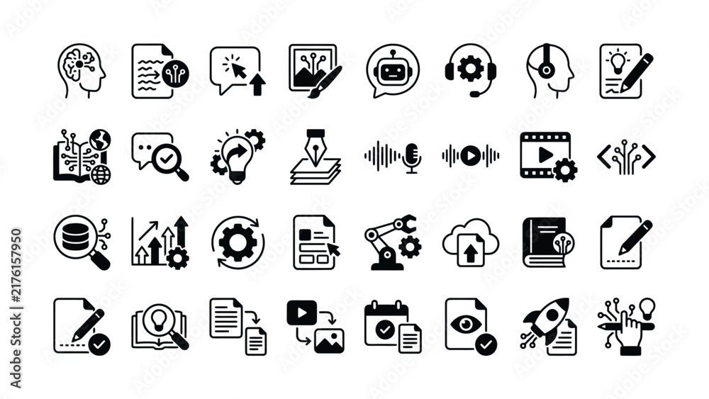 Fototapeta premium Set of flat black line icons representing technology software development business processes and creative digital workflow elements