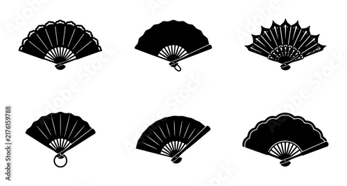 Elegant Black Folding Fans, Traditional Japanese Handheld Accessories, Decorative Cultural Elements, Vector Set