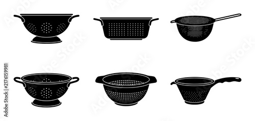 Bild auf Leinwand Set of 6 Black Kitchen Strainers, Colanders and Sieves, Vector Icons for Food Pr