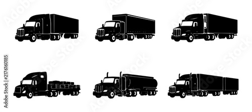 Set of Six Black Semi-Truck Silhouettes, Freight Transport Icons, Commercial Vehicle Illustrations for Logistics and Delivery