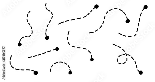 Fotografie Collection of black dashed lines with dots representing flight paths, movement trails, insect routes, or direction indicators isolated on a transparent background