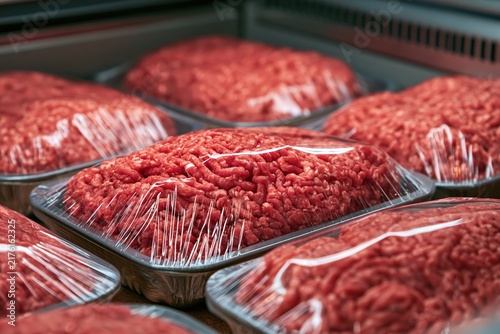 Fresh ground beef packaged in clear plastic trays ready for sale