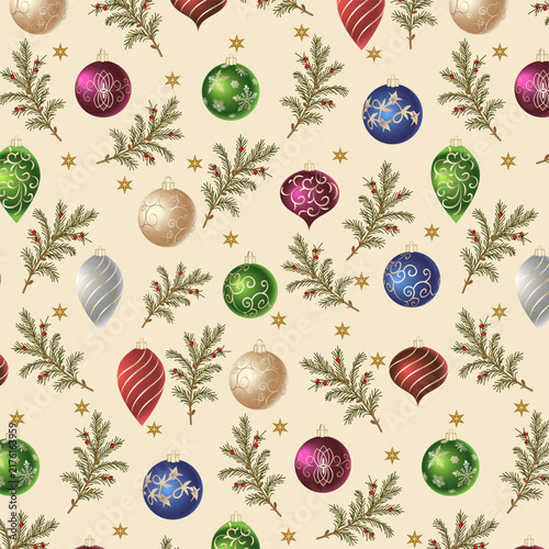 Christmas tree branches and New Year decorations.Vector seamless pattern with beautiful Christmas toys and tree branches on a colored background.