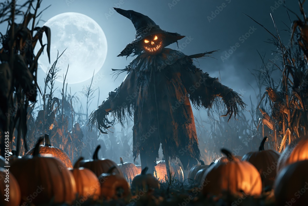Fototapeta premium Terrifying scarecrow with glowing eyes stands in a pumpkin patch at night