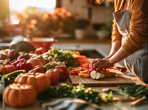 Woman preparing a bountiful harvest meal with fresh vegetables and pumpkins