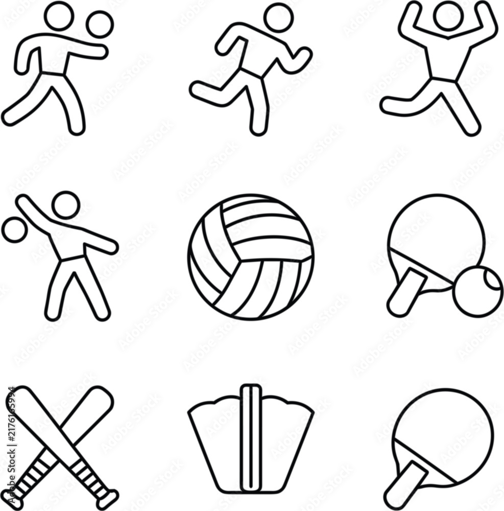 Fototapeta premium Sports activity icon set, volleyball table tennis and player symbols for athletic games recreation design