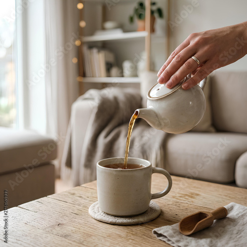 Cozy Morning Tea Pouring into Mug Hygge Lifestyle Warm Beverage